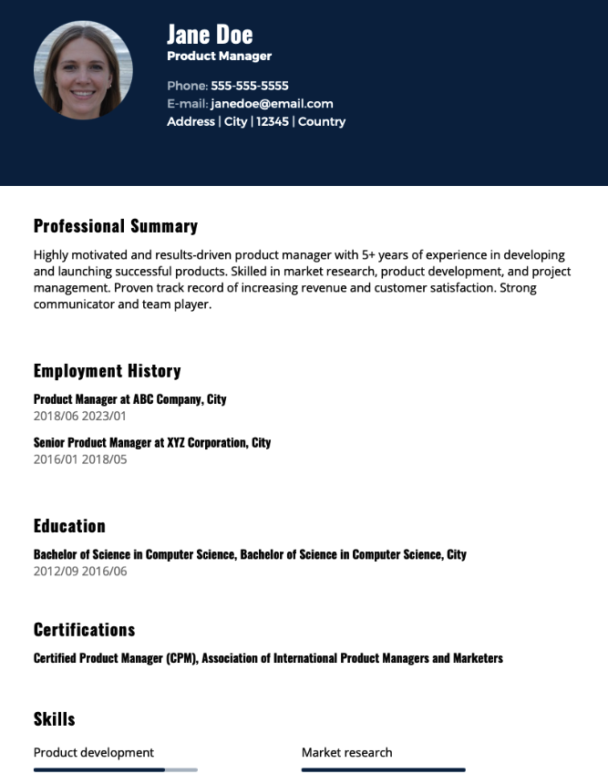 Product Manager Resume Example